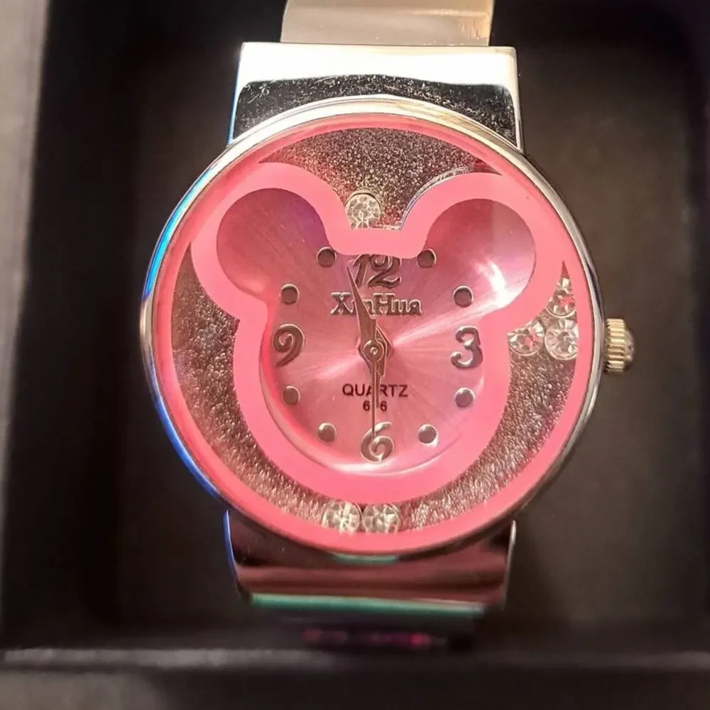 Girls Pink Character Bangle Quartz Stainless Steel Wristwatch